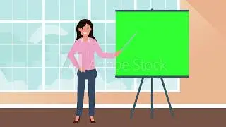 Girl Character Showing Presentation In The Office Green Screen Board