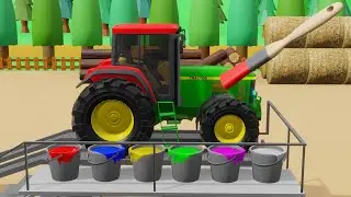 Painting a Tractor with a Wooden Brush - Big Barn with Tractors and other Vehicles