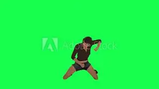 Rebel woman in brown dress, black shorts and high heels fighting and punching from right angle on