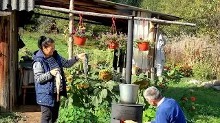 A simple family life in the village. While we're building a house, Olesya cooks dinner for us