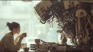 20'li yıllarda Japon bir kadın ve son derece ayrıntılı bir siberpunk tarzı gerçekçi robot,