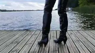 LadyIVE walks in shiny high boots, leather outfit, Boss Lady