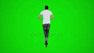 3d green screen tourist man riding scooter in the streets of Europe from the back angle chroma key