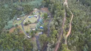 4K drone footage of Merringtons Campground & Aberfeldy River near Aberfeldy, Victoria