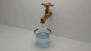 Вода течет из крана в стакан