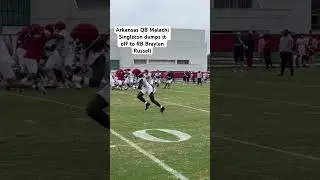Arkansas QB Malachi Singleton dumps it off to RB Braylen Russell on Day 7 of fall camp