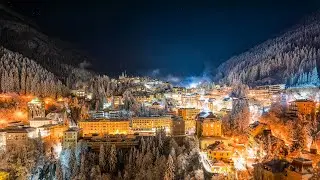 Night Drone shot of Bad Gastein covered in deep snow