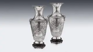 ANTIQUE 19thC CHINESE EXPORT SOLID SILVER PAIR OF VASES c.1880
