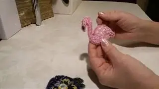 Брошь фламинго из бисера и канители, ручная работа