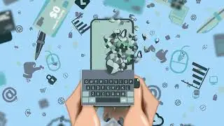 A mobile phone in women's hands with a mobile interface and a pattern of web business icons