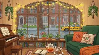 Relaxing Gentle Rain & Cozy 1940s Coffee Shop Ambience with Soft Oldies Playing in Another Room