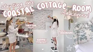 building a COASTAL COTTAGE bedroom! thrifting decor, wallpaper + furniture! 🧺 