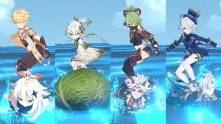 Genshin characters with Mualani's surfing animation