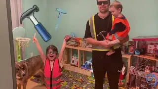 Daddy Teaching Oskar and Miley How to Hang Up a Poster