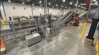 Cross Wrap CW Dewiring machine operation for PET bale dewiring at a plastic recycling plant.
