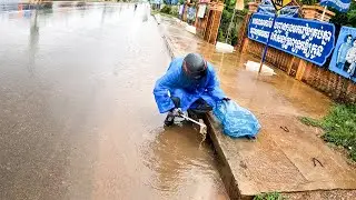 Unclogging Clogged Trash Rack On Street Removing All Rubbish From Our Waterways