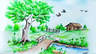 Как нарисовать Природу цветным карандашом | Кашидани расми Манзара | Tabiat rasmini chizish