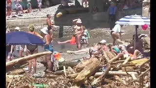 Отдыхающие в Сочи среди брёвен на пляже