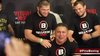 Khabib Nurmagomedov all smiles with Usman Nurmagomedov & Islam Mamedov at Bellator 263