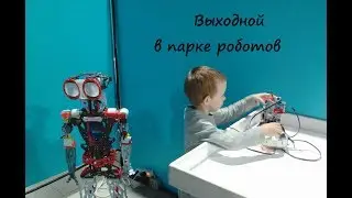 Соня и Захар в парке роботов. Роботы, роботы-динозавры, роботы-собаки, виртуальная реальность.