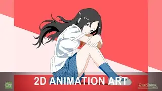 Drawing sit pose school anime girl in OpenToonz digital animation software