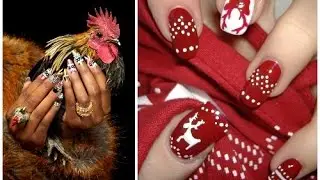 New Year's nail art 2017 on photo. Glamour nail polish design for the New Year of the Rooster