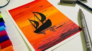 Super Easy Sunset Painting Using Camlin Brush Pens | How to Draw Sunset Painting | #brushpendrawing
