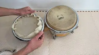 ボンゴ生皮張り替えやってみた。Replacing Bongo’s head. Reemplazar los parches de bongó.