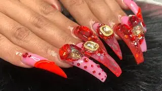 Watch me work | Cocktail Curved nails | my worst nail glue removal! | Red Lace nails
