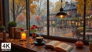 Beautiful Rainy Autumn Coffee Shop 🍂 Gentle Jazz Piano Ambience, Rain Sound for Study, Work & Relax
