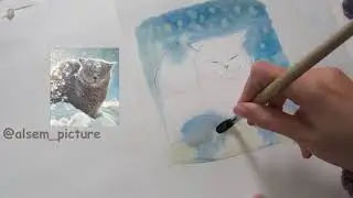 Скетч кота в снегу акварелью