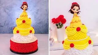🌹 EASY Princess BELLE Cake + DIY Cake Stand with Roses 🌹