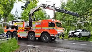 Vyprošťovací automobil Tatra 815-7 Omars HZS MSK vytahoval Audi po dopravní nehodě, 17.5.2022
