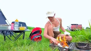 Wild Camping | Girl solo camping by the lake, making a fire, grilling bread and sausages.