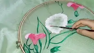 Flowers with Hummingbirds design in Light green Fabric Part 3 || Fabric painting
