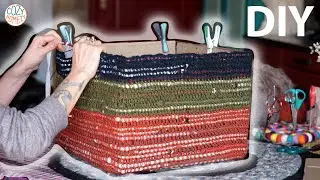 DIY Rag Rug Basket | Make a storage basket from fabric scraps & old clothing & recycled yarn