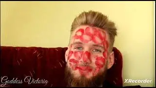 Red lipstick kisses all over bf face 