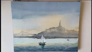 Painting Watercolor Water and Sailboat