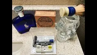 Wool Fat Shave Soap, 1957 Gillette Blue Tip, Ever-ready Brush, Captains Choice Bowl & Polo Blue.
