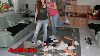 Naughty 1 - two girls in sneakers destroy plush toys and model car