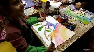 Птицы прилетели и на ветку сели/акварель