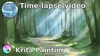 Forest landscape with a path and sunbeams. Speed art with Krita.