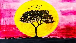 Big Sunset ll Easy Sunset Painting for Beginners ll Oil pastel  and acrylic painting