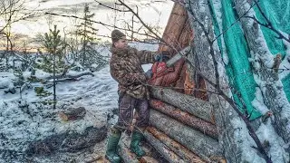 Изба строится - Стена кроется. Таёжный быт. Лесной домик на горе. Снега все больше!