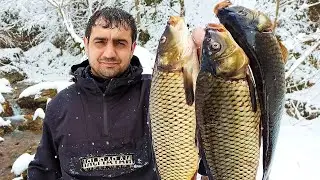 A SNOWY DAY BY THE RIVER! BEST FISH RECIPE | COOKING KEBAB BY A WATERFALL | OUTDOOR CAMPFIRE