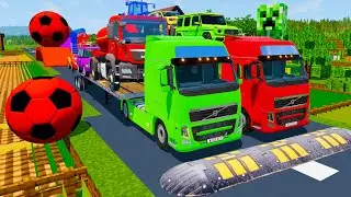 Double Flatbed Trailer Truck vs Speedbumps Train vs Cars | Tractor vs Train Beamng.Drive 050