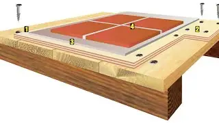 Laying tiles on a wooden floor.