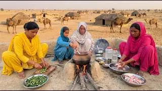 Authentic  Desert Village Women Cooking | Okra With Meat And Homemade Vermicelli Village Life