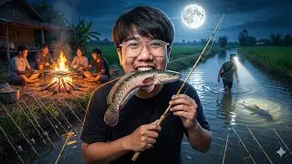 Fishing for a late-night meal! Setting up fishing lines in the rice fields with a master angler.