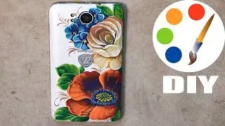 DIY, Zhostovo style, Painting a poppy and a rose on the mobile phone